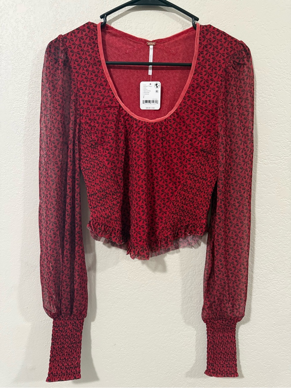 Free People Dottie Bow Print Sheer Sleeve Smocked Top Size Small